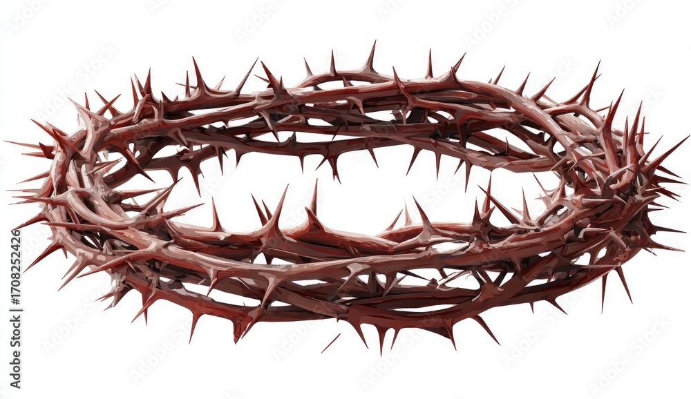 Fototapeta premium Crown of thorns, a reddish-brown circlet, dense with sharp thorns, sits on a plain white background. Its intricate, circular shape emphasizes the painful nature of the religious artifact