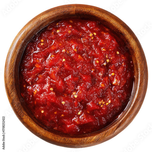 Wooden bowl of chunky tomato sauce