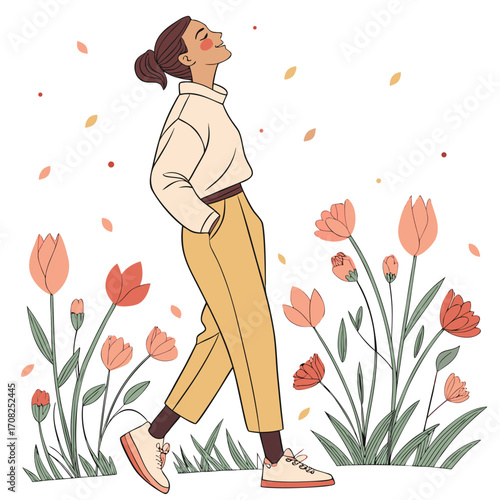 Young woman with eyes closed and head tilted back enjoying a peaceful walk among blooming flowers