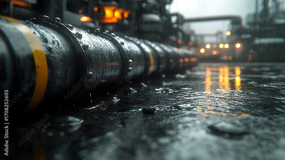 Fototapeta premium Rainy Night at the Refinery Industrial Pipes Reflections.