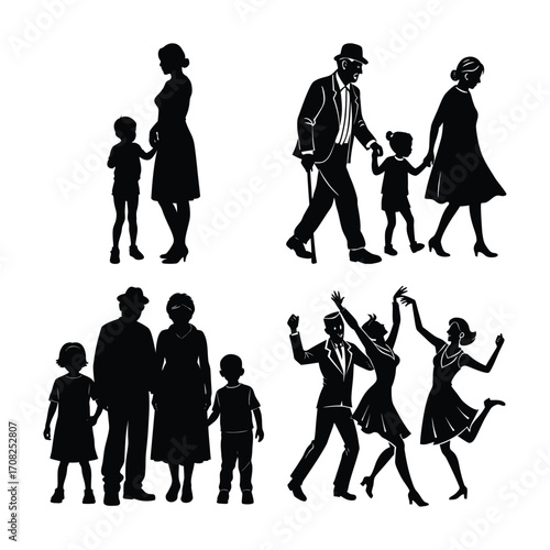 Silhouettes of Family silhouettes, Happy family silhouette set  children holding hands walking together black and white background