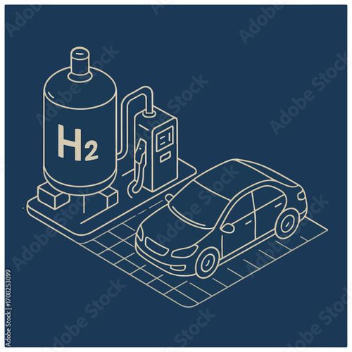 Hydrogen Fueling Station – H2 Car Refuel Isometric Line (Dark Card)