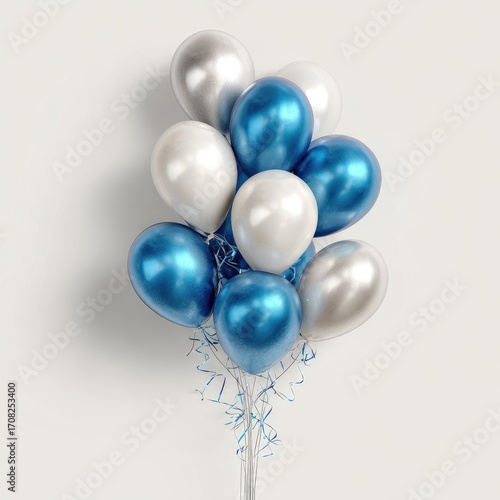 A bunch of metallic blue and white balloons