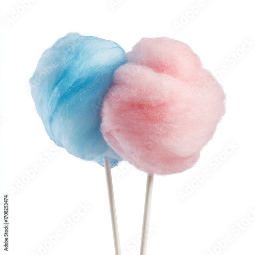 Two fluffy cotton candy swirls, one blue, one pink, on white sticks