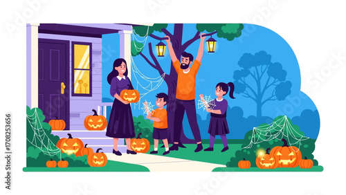 Halloween Family Fun: A vibrant illustration capturing a joyful family gathering, adorning their home with festive jack-o'-lanterns and decorations, epitomizing the spirit of Halloween. 