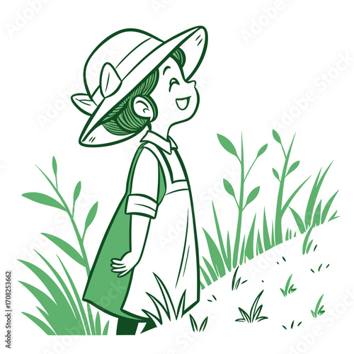Joyful cartoon girl wearing a straw hat and dress standing in a grassy field looking up
