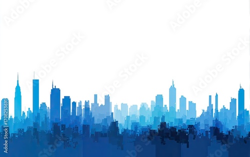 Silhouette of a modern city skyline, fading from dark blue to light blue,  on a white background