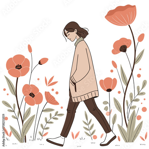 A young woman walks peacefully through a field of blooming poppies and delicate foliage