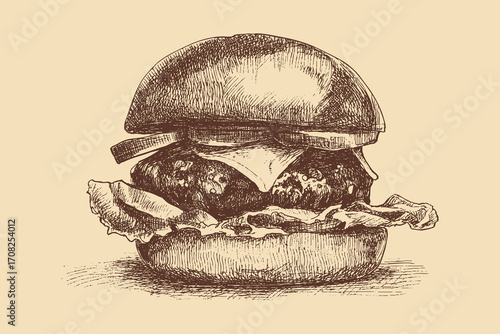 Hamburger illustration in a vintage style. This vector illustration can be used in any size you like for advertising, logos, and other work.