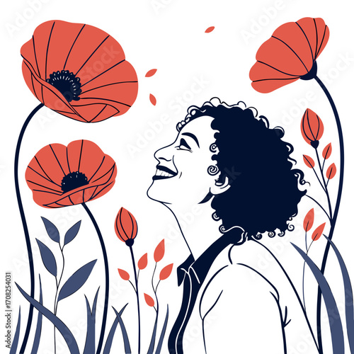 Joyful woman with curly hair smiling and looking up at blooming poppies in a field