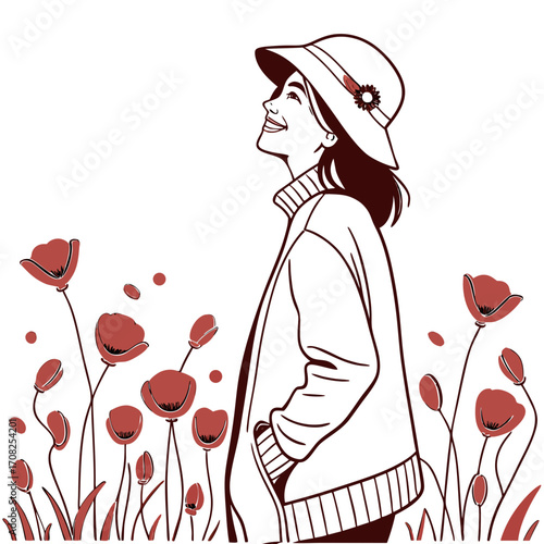 Joyful young woman wearing a hat and sweater smiling while standing in a field of red poppies