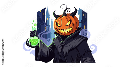 Bild auf Leinwand Spooky Halloween Image: A frightening jack-o'-lantern character, wreathed in mystery and malevolence