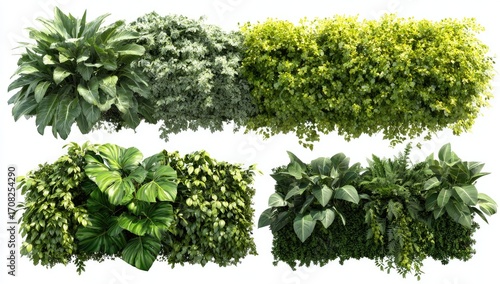 Five rectangular wall-mounted planters filled with various lush, green foliage