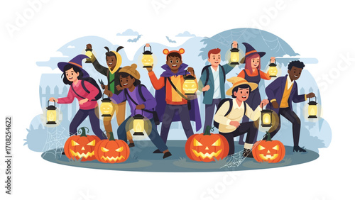 Halloween Lantern Parade: A joyful and diverse group of friends parades through the night on Halloween, each carrying a warm glowing lantern alongside carved pumpkins.