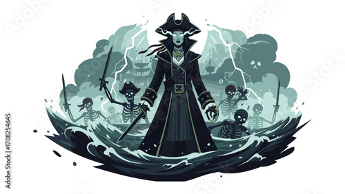 The Pirate's Curse: An epic illustration of a fearsome pirate captain, leading a spectral crew through stormy seas, embodying the raw spirit of adventure and danger.