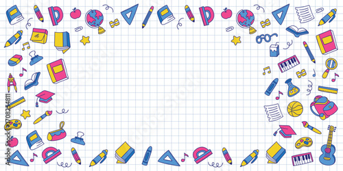 Hand drawn school supplies element doodle template background