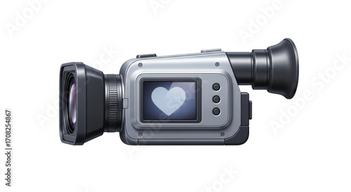 Isolated silver handheld digital camcorder with heart image on screen, cinematic capture