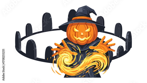 Mystical Pumpkin Sorcerer: A bewitching pumpkin-headed sorcerer conjures swirling flames. This image captures the essence of Halloween with its spooky allure.