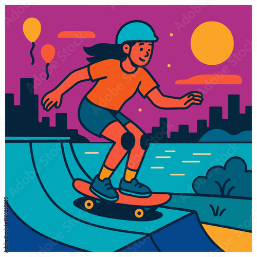 Night Skate Park – Teen Skateboarder at Sunset City