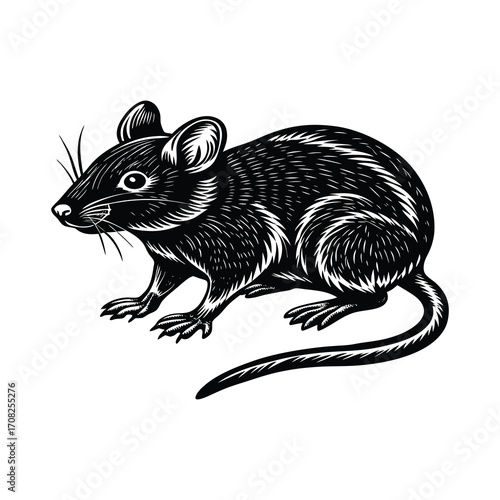 Vector illustration of a mouse and black cat on white background