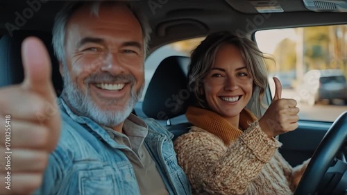 Happy couple thumbs up car ride.