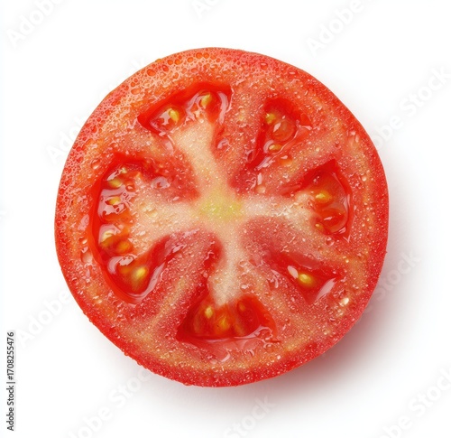 Wallpaper Mural Close-up of a tomato slice.  A vibrant red tomato slice, perfectly circular, is centered against a pure white background.  The interior displays seeds and flesh Torontodigital.ca