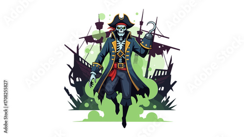 The Spectral Pirate: An illustration of a skeletal pirate in a classic naval uniform against a backdrop of a ghostly ship, ready to set sail for an eerie voyage.