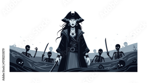 Empowering Female Pirate: A formidable female pirate captain, embodying strength and authority, stands amidst the ethereal, shadowy presence of her undead crew on the mystic sea.