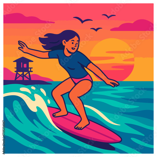 Sunset Surfing — Woman Catching Waves at the Beach
