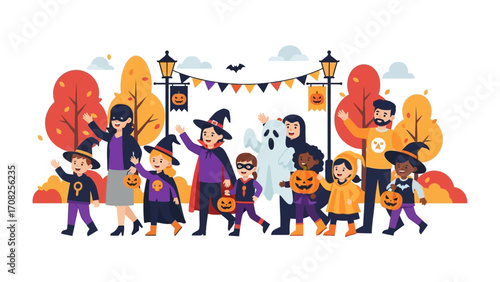 Halloween Costume Parade: A lively procession of children in vibrant Halloween costumes, led by an adult, strolls through an autumn landscape decorated for the holiday.