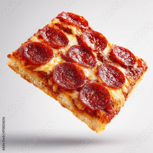 Square slice of pizza, pepperoni and cheese, levitating