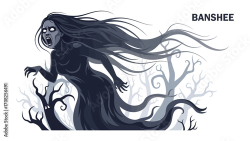  Banshee of the Forest: A spectral banshee glides through a haunting forest, her ethereal form and long, flowing hair adding a chilling sense of the supernatural. 