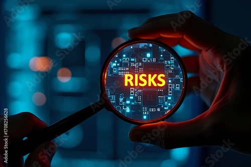 Magnifying glass reveals glowing digital risks within a complex technological network highlighting potential dangers