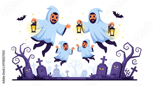 Haunted Halloween Gathering: A whimsical illustration captures the essence of a festive Halloween scene, showcasing a spectral gathering of ghosts amidst a spooky graveyard, complete with lanterns.