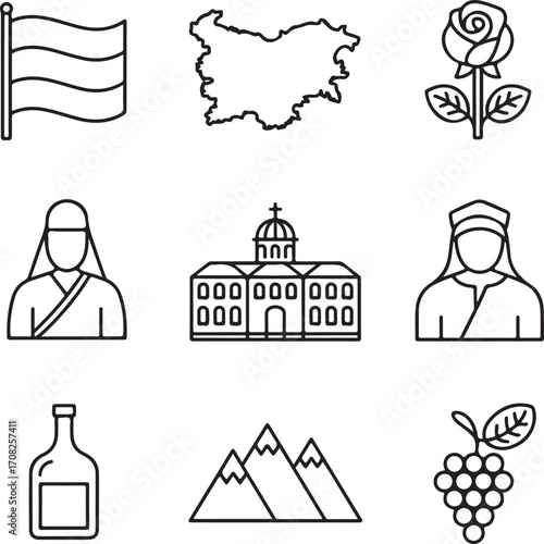 Hand-Drawn Bulgaria Travel and Culture Icons Pack Flag, Map, Rose, Monastery, Folk Dress, Mountains, and Wine Line Art