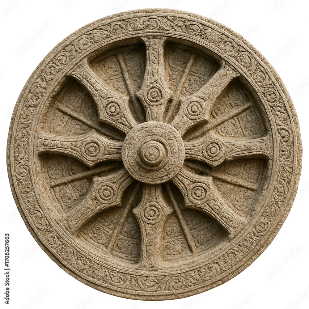 Naklejka premium Intricate Stone Wheel Design with Ornate Patterns and Radiating Spokes