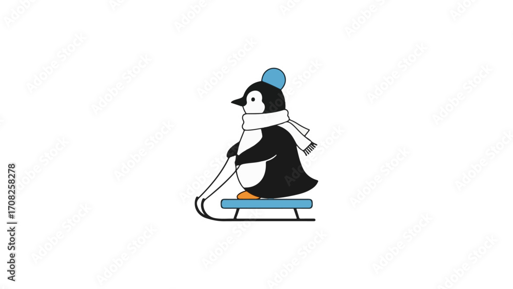 Fototapeta premium Cute cartoon penguin on a sled wearing a hat and scarf
