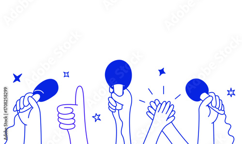 Minimalist Linear Vector illustration of Raised Hands Holding Microphones and Giving a Thumbs Up. Feedback, Podcast, Blogging, Interview, Public Media Speaking