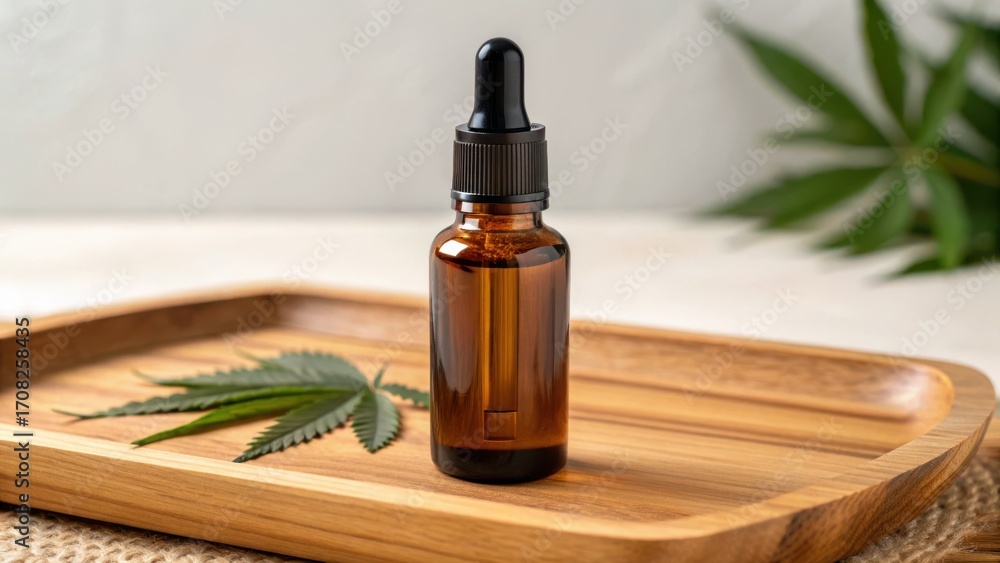 Fototapeta premium Cannabis Product Mockup. Brown glass dropper bottle on a wooden tray with hemp leaves in a serene setting.