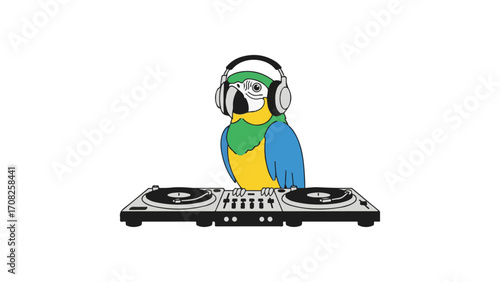 Cartoon Macaw DJ with Headphones and Turntables on White Background