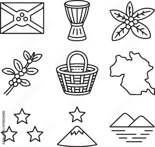 Hand-Drawn Burundi Culture and Identity Icons Pack Flag, Drum, Coffee, Map, Traditional Basket, Nature, and Heritage Symbols