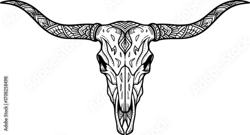 Detailed linework longhorn steer skull western americana rustic animal skull art vector
