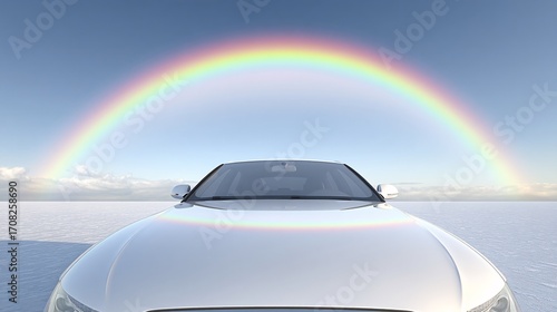 illustration of a car's hood, perfectly clean and shiny. The reflection on the hood shows a pristine, beautiful landscape with a rainbow, conveying the idea that a clean car can transport a 
