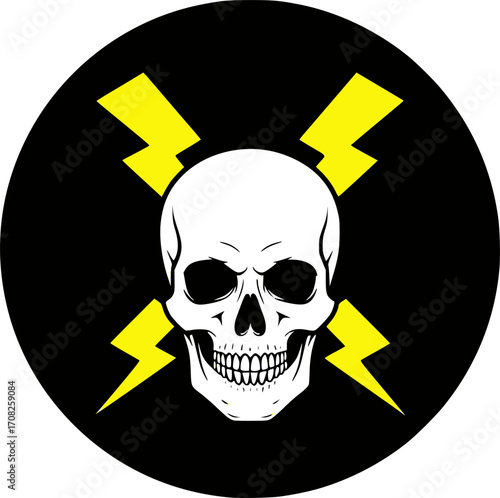 White skull and crossed yellow lightning bolts on black circle, symbol of danger, electricity warning sign