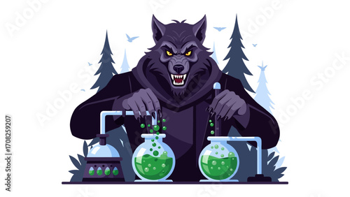 Werewolf Alchemist: A fierce werewolf, embodies a darker side of science, as he experiments with glowing concoctions in a mysterious laboratory.