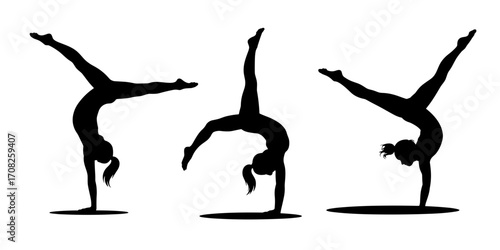 Vector illustration of three female gymnasts performing handstand and acrobatic poses in silhouette style
