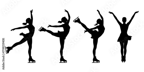 Vector illustration of four female figure skaters in silhouette style performing different poses
