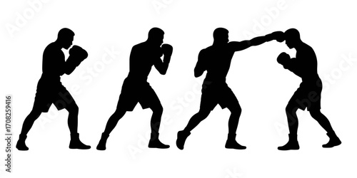 Vector illustration of boxers fighting and training in silhouette style
