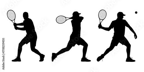 Vector illustration of tennis players hitting the ball in silhouette style
