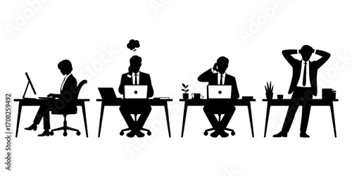 Vector illustration of office workers at desks in different postures and activities
